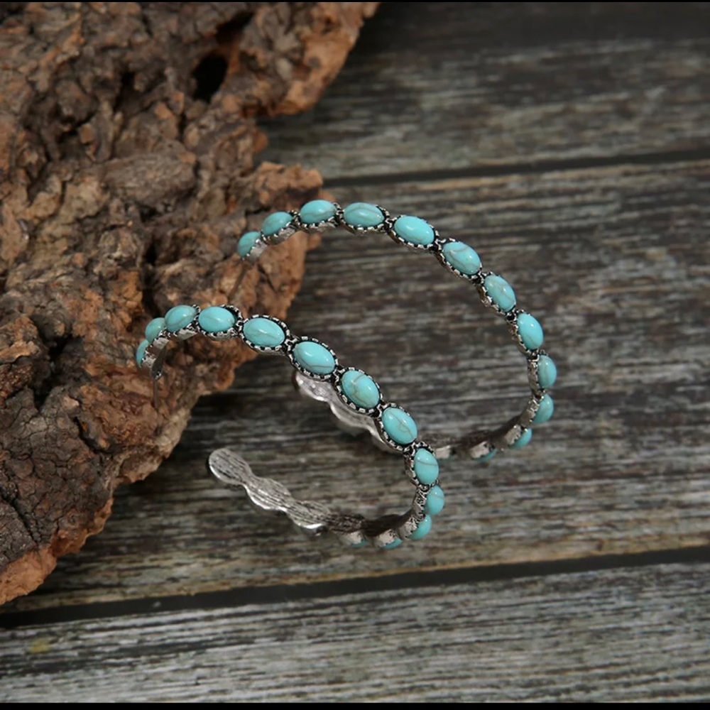Beautiful Boho Turquoise and Silver Hoop Earrings - Picture 2 of 6
